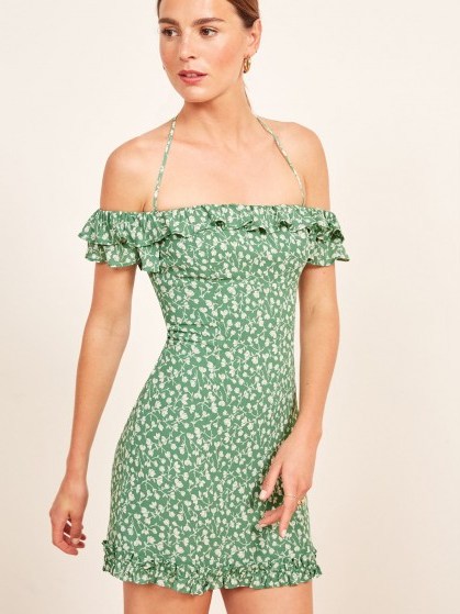 Reformation Veranda Dress in Daisies | green halter neck mini - flipped