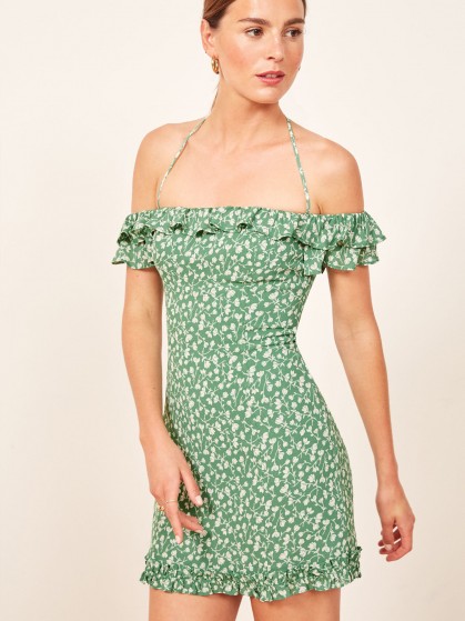 Reformation Veranda Dress in Daisies | green halter neck mini