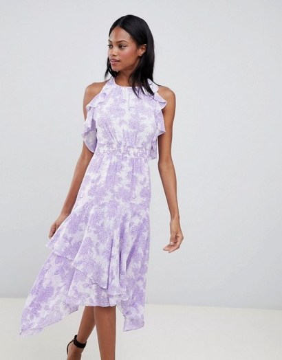 Whistles Tiered Satin Devore Dress Lilac – feminine summer occasion fashion - flipped