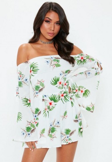 MISSGUIDED white palm print bardot playsuit / summer florals - flipped
