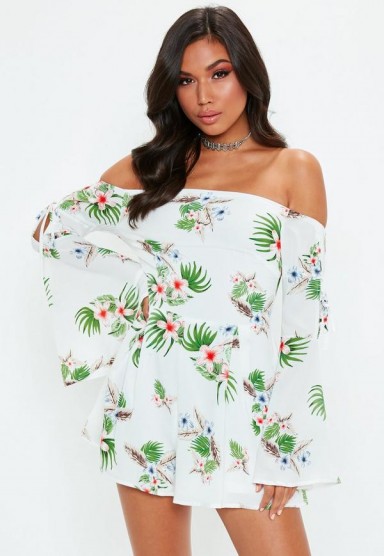 MISSGUIDED white palm print bardot playsuit / summer florals