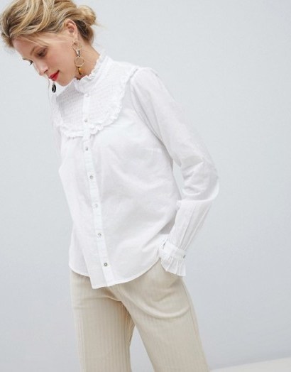 Y.A.S High Neck Smock Detail Shirt in White | romantic high neck and ruffles - flipped