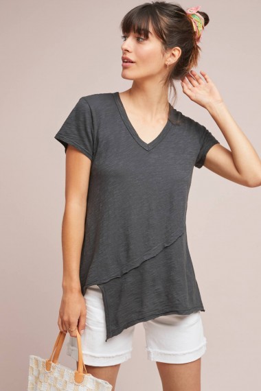 Left Of Center Alana Asymmetrical Tee in Dark Grey | V-neck tiered hem T-shirt