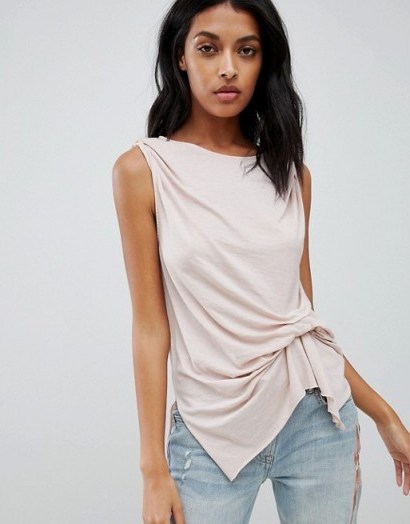 AllSaints knot front tank top in cami pink | slinky sleeveless tee - flipped