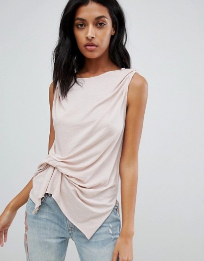 AllSaints knot front tank top in cami pink | slinky sleeveless tee