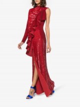 ASHISH Sequin Embellished Ruffled Dress ~ red sequinned one sleeve gown