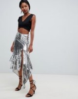 ASOS DESIGN all over sequin high low midi skirt with ruffle hem in Silver | asymmetric metallic skirts | party fashion