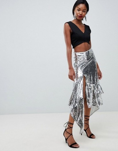 ASOS DESIGN all over sequin high low midi skirt with ruffle hem in Silver | asymmetric metallic skirts | party fashion - flipped