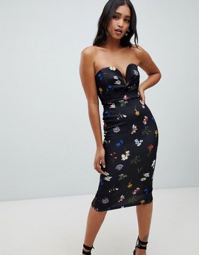 ASOS DESIGN bandeau u bar bodycon midi dress in print | floral plunge front party frock - flipped