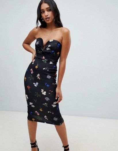 ASOS DESIGN bandeau u bar bodycon midi dress in print | floral plunge front party frock