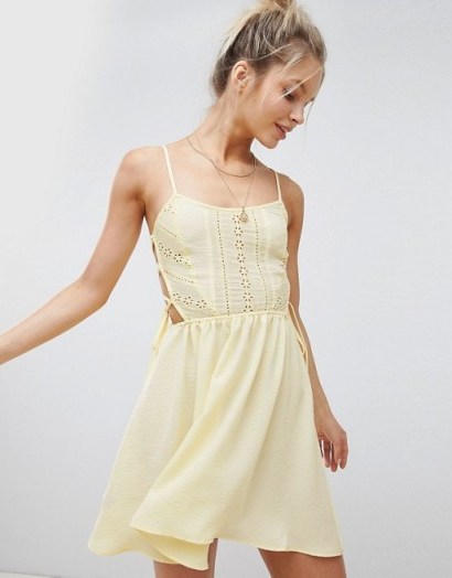 ASOS DESIGN Broderie Tie Side Beach Dress in yellow | strappy sundress - flipped