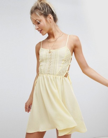 ASOS DESIGN Broderie Tie Side Beach Dress in yellow | strappy sundress