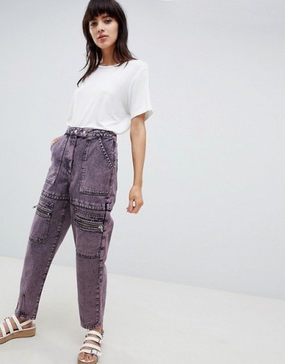 ASOS DESIGN carpenter boyfriend jeans with utility styling in pink acid wash | utilitarian denim - flipped