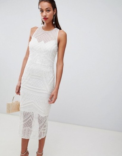 ASOS DESIGN embellished pearl fringe midi dress in ivory | luxe style sleeveless bodycon - flipped