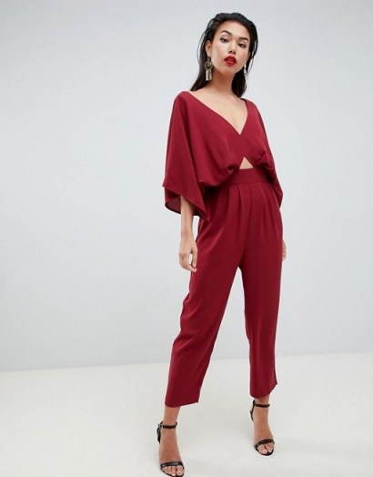 ASOS DESIGN jumpsuit with kimono sleeve and peg leg in wine | oriental inspired fashion - flipped