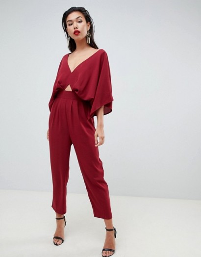 ASOS DESIGN jumpsuit with kimono sleeve and peg leg in wine | oriental inspired fashion