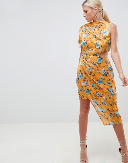 ASOS DESIGN midi dress in floral print jacquard with open back in orange | asymmetric party frock