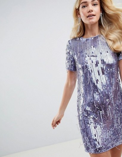 ASOS DESIGN mini shift dress in heavily embellished fringed sequin | purple sequined shift - flipped