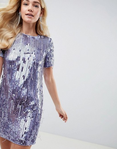 ASOS DESIGN mini shift dress in heavily embellished fringed sequin | purple sequined shift