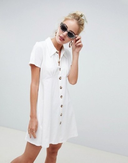 ASOS DESIGN polo shirt dress with tortoiseshell buttons in ivory | short sleeved point collar frock - flipped