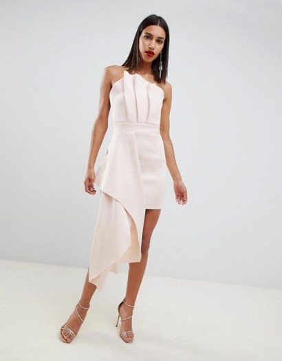 ASOS DESIGN premium scuba dramatic fold mini dress in peony pink | strapless pleated bodice side draped party frock - flipped
