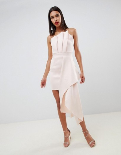 ASOS DESIGN premium scuba dramatic fold mini dress in peony pink | strapless pleated bodice side draped party frock