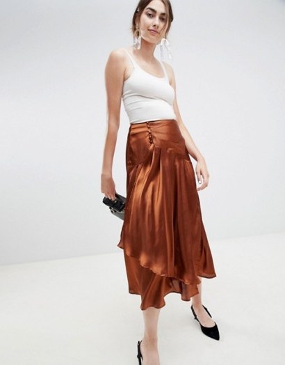 ASOS DESIGN satin midi skirt with self buttons in brown - flipped