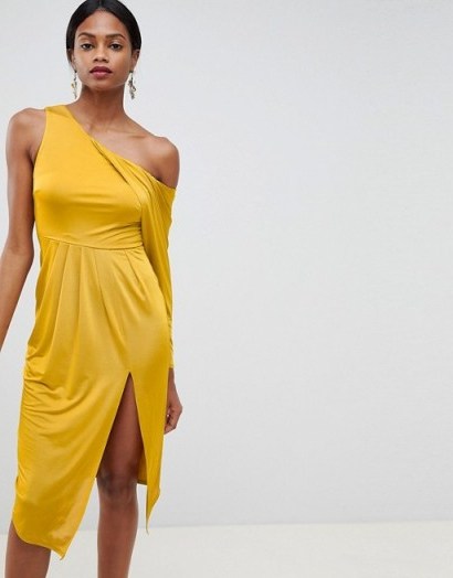 ASOS DESIGN slinky one shoulder midi dress in yellow | asymmetric party frock - flipped