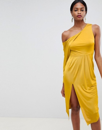 ASOS DESIGN slinky one shoulder midi dress in yellow | asymmetric party frock