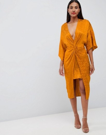 ASOS DESIGN soft jacquard kimono midi dress in orange | plunging front knot evening frock - flipped