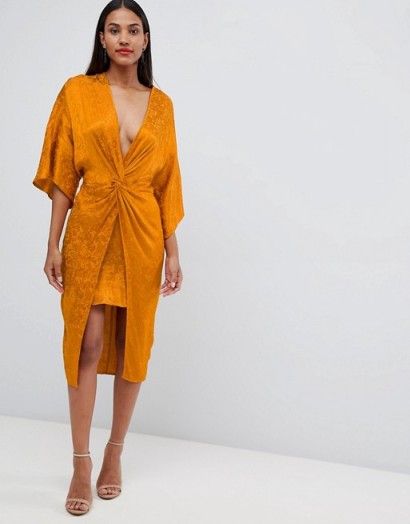 ASOS DESIGN soft jacquard kimono midi dress in orange | plunging front knot evening frock