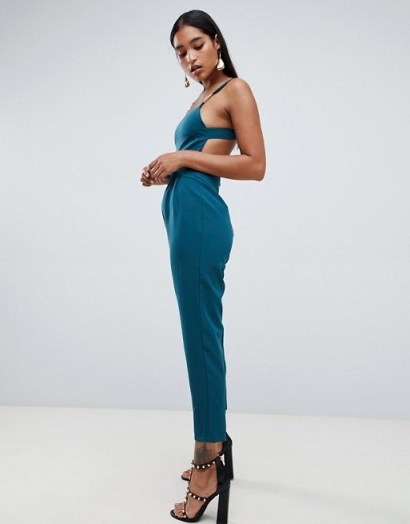 ASOS DESIGN square neck jumpsuit with gold trim detail in teal – fitted strappy jumpsuits – partywear - flipped