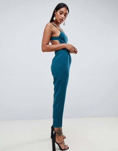 ASOS DESIGN square neck jumpsuit with gold trim detail in teal – fitted strappy jumpsuits – partywear