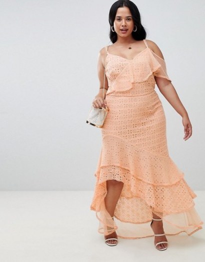 ASOS DESIGN Curve asymmetric ruffle broderie maxi dress in peach | long strappy summer frock - flipped
