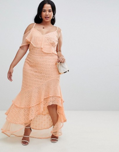 ASOS DESIGN Curve asymmetric ruffle broderie maxi dress in peach | long strappy summer frock