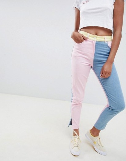 Hello Kitty x ASOS DESIGN colour block jeans with embroidery detail – pink, blue & yellow denim - flipped
