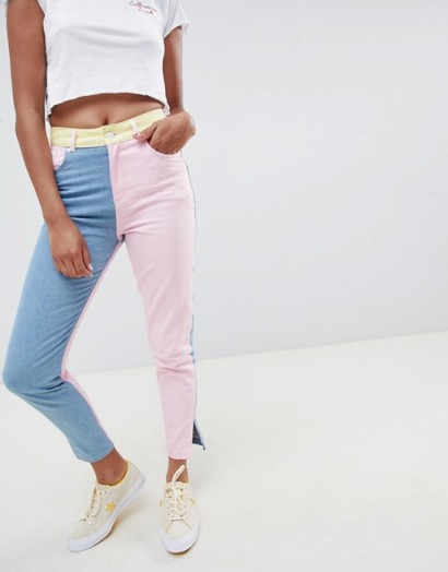 Hello Kitty x ASOS DESIGN colour block jeans with embroidery detail – pink, blue & yellow denim