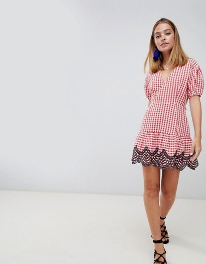 ASOS DESIGN Petite mini wrap dress in gingham with broderie detail | cute check print summer frock - flipped