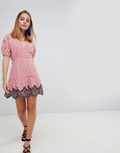 ASOS DESIGN Petite mini wrap dress in gingham with broderie detail | cute check print summer frock