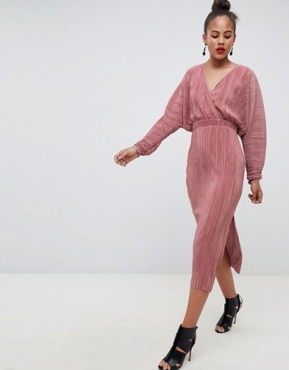 ASOS DESIGN Tall batwing midi plisse dress in dusky rose – pink wrap style dresses - flipped