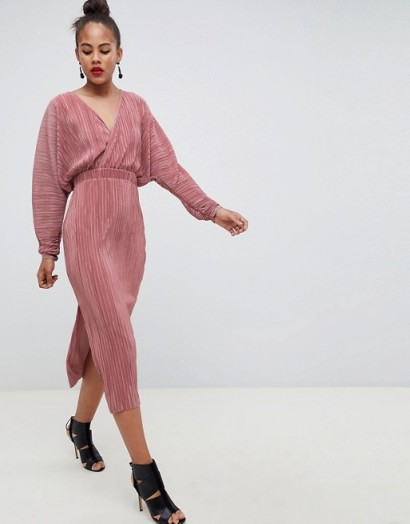 ASOS DESIGN Tall batwing midi plisse dress in dusky rose – pink wrap style dresses
