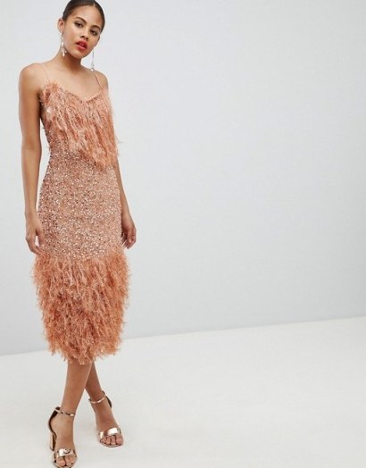 ASOS DESIGN Tall feather effect trim sequin midi bodycon dress in Dark Nude | strappy feathered party frock - flipped