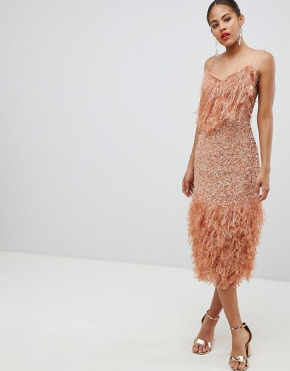 ASOS DESIGN Tall feather effect trim sequin midi bodycon dress in Dark Nude | strappy feathered party frock
