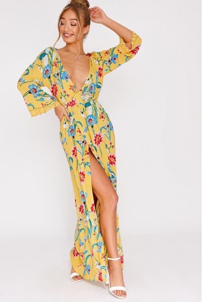 IN THE STYLE AVRA YELLOW FLORAL CROCHET PLUNGE MAXI DRESS – long summer dresses – holiday wardrobe - flipped