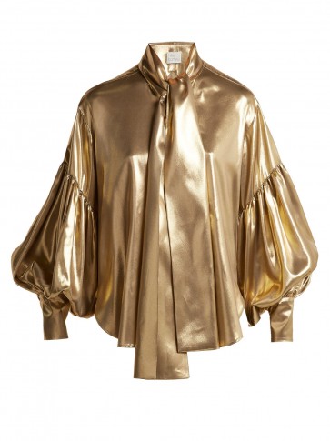 HILLIER BARTLEY Balloon-sleeve gold silk blouse ~ metallic luxe