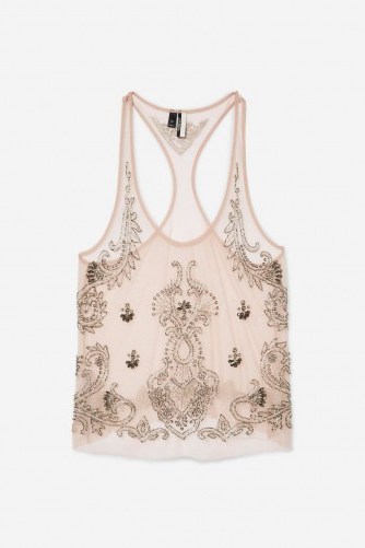TOPSHOP Baroque Racer Vest Blush – sheer embellished tops - flipped