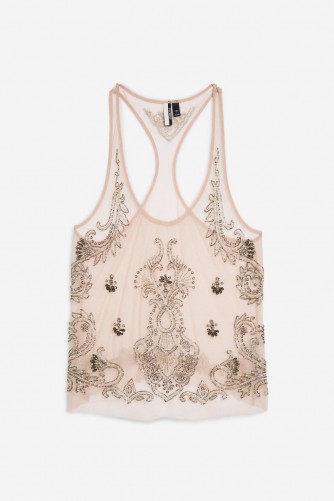 TOPSHOP Baroque Racer Vest Blush – sheer embellished tops