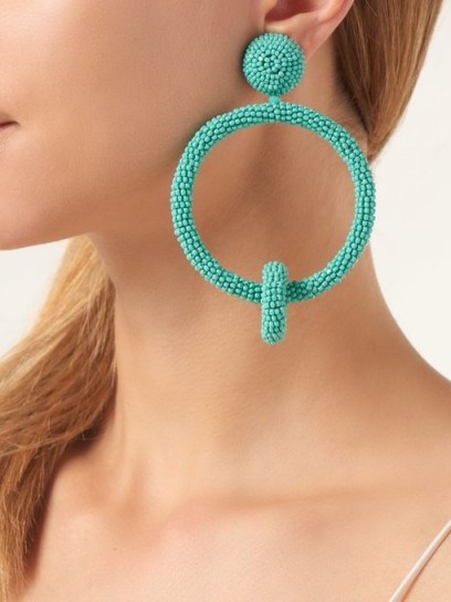 OSCAR DE LA RENTA Turquoise Beaded hoop-drop clip-on earrings ~ statement hoops - flipped