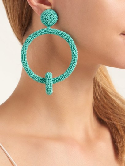 OSCAR DE LA RENTA Turquoise Beaded hoop-drop clip-on earrings ~ statement hoops