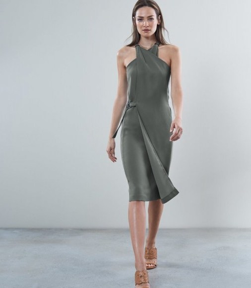 REISS BEDA WRAP FRONT DRESS THYME ~ crossover neckline - flipped